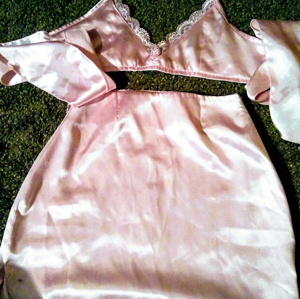 Pink Satin Highwaisted Skirt w/ Bralette